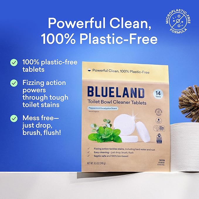 BLUELAND Toilet Bowl Cleaner Tablets, 2-Pack, 28 Count, Peppermint Eucalyptus, Plastic-Free, No Harsh Chemicals, Plant-Based