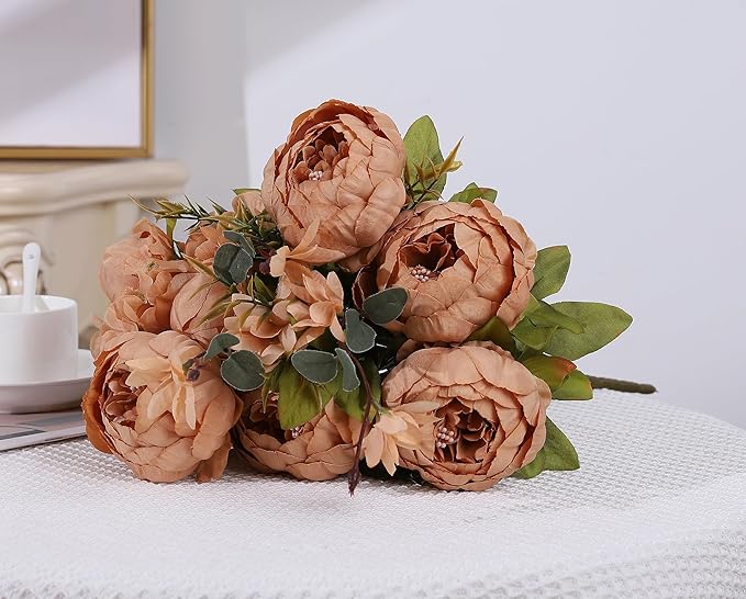 Duovlo Artificial Peony Silk Flowers Fake Flowers Vintage Wedding Home Decoration,Pack of 1 (Dark Champagne)