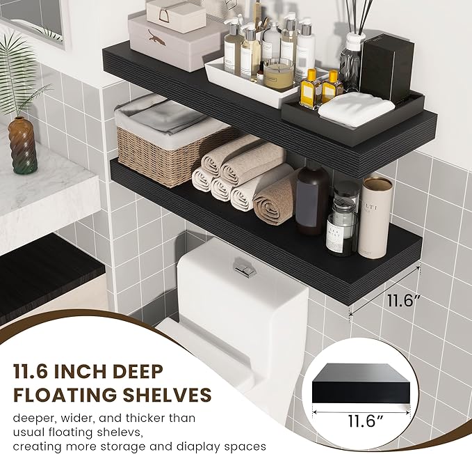 Deep Floating Shelves for Wall, 12'' Deep Large Floating Shelves Set of 2, 36 Inch Distressed Black Wood Shelves for Living Room Bathroom Laundry Room Bedroom Kitchen Home Office - Black