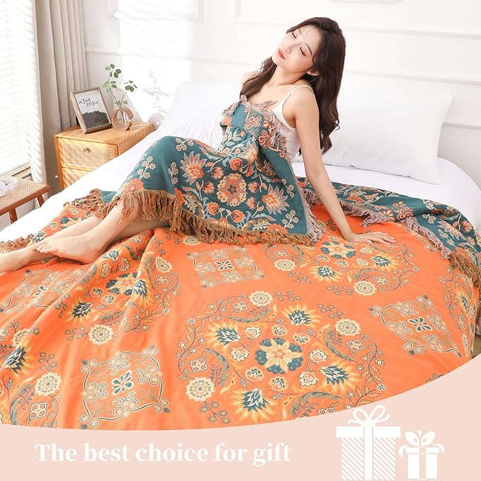 Boho Throw Blanket for Bed - 100% Pure Cotton Ultra Soft Rustic Quilt - Farmhouse Decor Bed Blankets, All Season Rustic Throw for Sofa Couch Chair(80''x 90'', Boho)