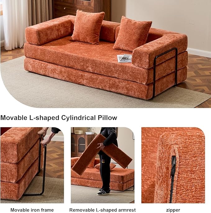 Convertible Sleeper Sofa Bed, Compression Folding Sofa with Pillow, No Assembly Required, Shape Frame, Floor Sofas Lounge Couch for Living Room, Bedroom, Small Spaces (Chenille, 77''W, Orange)