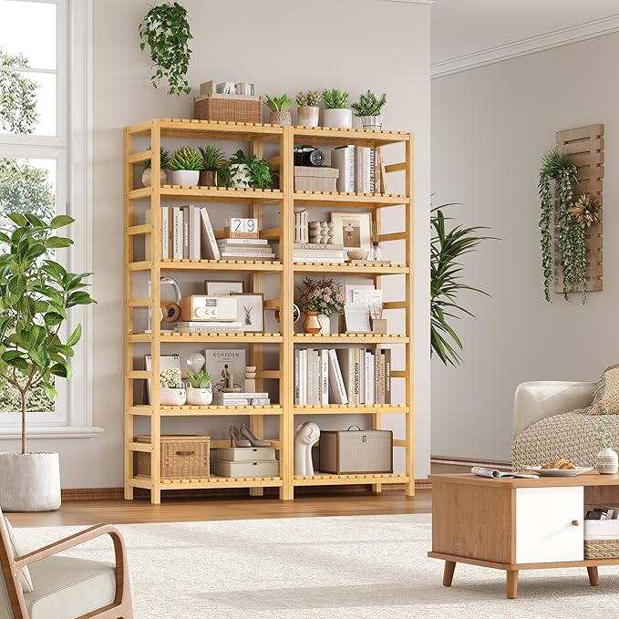 FOTOSOK 6-Tier Bamboo Shelf Set of 2, Bamboo Bookcase with Adjustable Shelves, Free Standing Storage Shelf Unit and Plant Flower Stand, Tall Large Bookshelf for Kitchen, Bathroom, Home Office, Natural