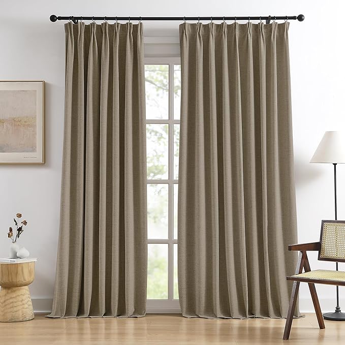 70 Inch Wide Blackout Curtains 2 Panels Set,Back Tab Pleated Curtains Hidden Tab with Hooks,Energy Efficinet Linen Blend Patio Drapes for Dining Room Sliding Glass Door 70x96 Length Linen Brown