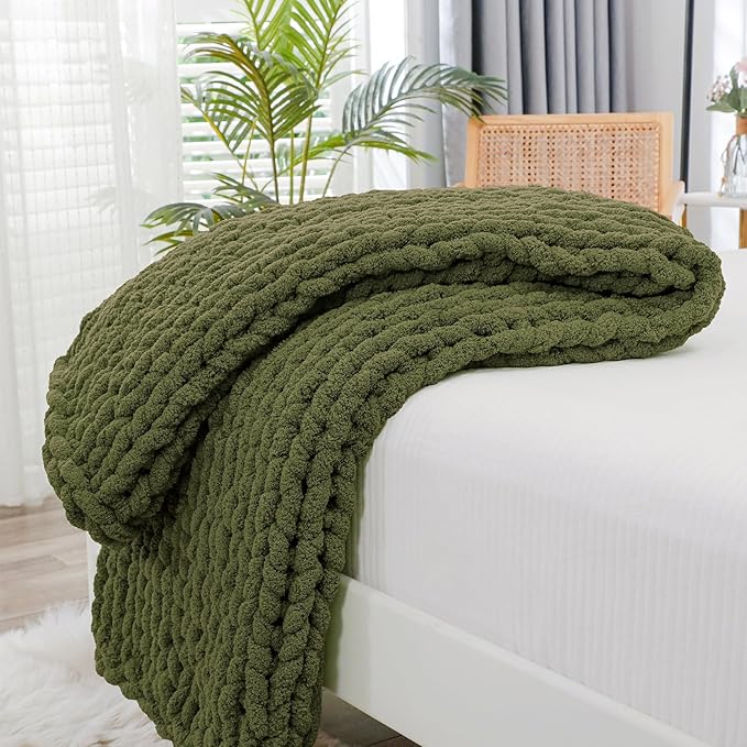 Bigacogo Chunky Knit Throw Blanket for Couch, 40x60 inches, 100% Hand Knitted with Thick Jumbo Chenille Yarn, Cozy Soft Large Rope Knot Cable Crochet Blankets for Sofa Bed Living Room, Yellow Green