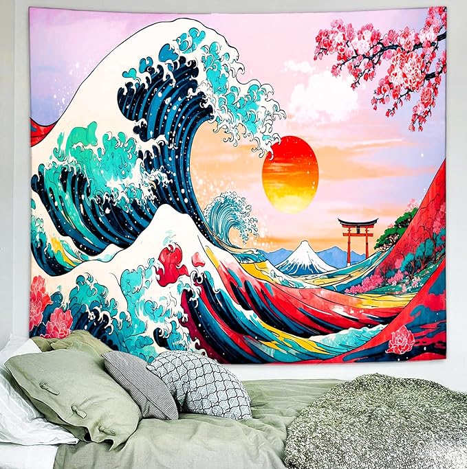 Delur Great Wave Tapestry Japanese Sunset Ocean Sea Wave Off Kanagawa Tapestry Wall Hanging Vintage Asian Anime Cherry Blossom Nature Headboard for Bedroom Living Room Home Decor (70.8" x 92.5")