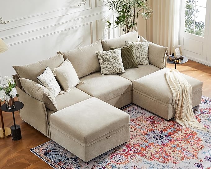 102.6" U Shaped Modular Sectional Sofa, 5 Seater Couch with Storage Ottoman Deep Seat and High Backrest with Removable Cover for Living Room, Apartment - Chenille Beige