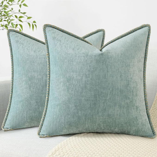 decorUhome Chenille Soft Throw Pillow Covers 18x18 Set of 2, Farmhouse Velvet Neutral Decorative Euro Pillow Covers with Stitched Edge for Couch Sofa Bed Home Decor, Aqua Haze