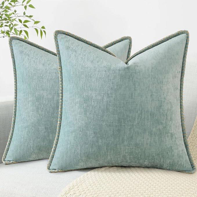 decorUhome Chenille Soft Throw Pillow Covers 22x22 Set of 2, Farmhouse Velvet Neutral Decorative Euro Pillow Covers with Stitched Edge for Couch Sofa Bed Home Decor, Aqua Haze