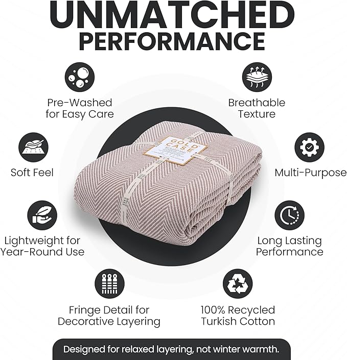 Gold Case Throw Blanket for Bed – 100% Recycled Turkish Cotton Bed Blanket – Decorative Throw Cotton Blankets for Living Room & Bedroom – Woven Twin Blankets - 71x90 - Elegant Beige