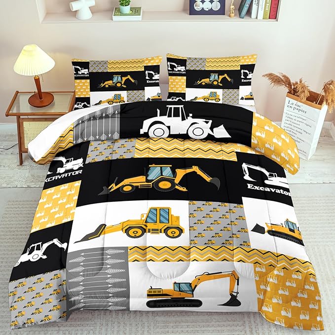 Construction Comforter Set King Boys,Yellow King Construction Bedding Set,Engineering Vehicles Comforter Yellow Bedroom Decor Kids,Truck Quilt Cartoon Truck Bedding for Teen