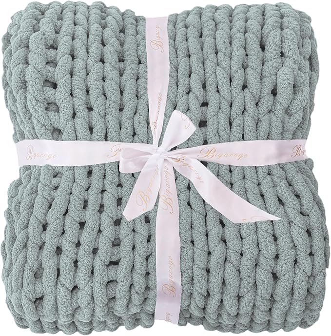 Bigacogo Chunky Knit Throw Blanket for Couch, 51x63 inches, 100% Hand Knitted with Thick Jumbo Chenille Yarn, Cozy Soft Large Rope Knot Cable Crochet Blankets for Sofa Bed Living Room, Misty Green