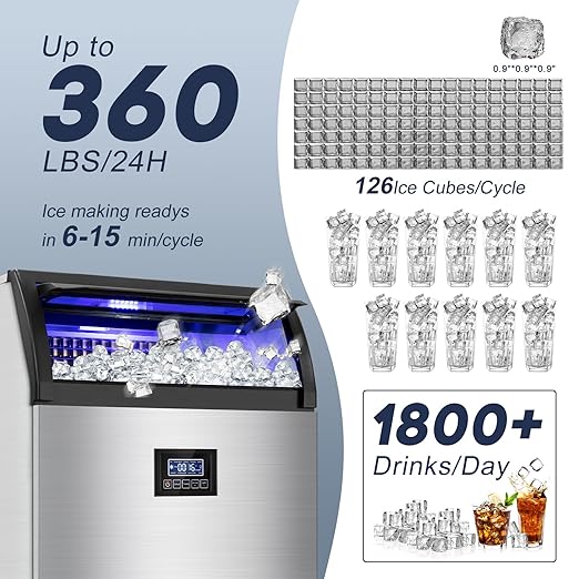 Commercial Ice Maker Machine 360LBS/24H with 80LBS Storage Bin, 126PCS Ice Cubes Ice Machine Stainless Steel Undercounter/Freestanding Ice Maker for Home Bar Outdoor, Self Cleaning