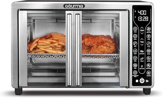 Gourmia Toaster Oven Air Fryer Combo 17 cooking presets 1700W french door digital air fryer oven 24L capacity accessories, convection rack, baking pan tray recipe book GTF7655,Large,Stainless Steel