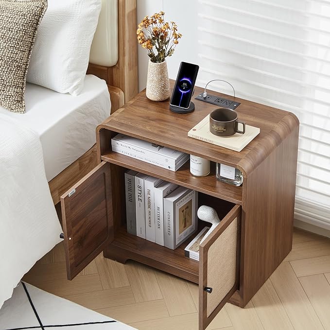 24" Large Side Table with Charging Station, Mid Century Modern End Table with USB/Type-C Ports, Curved Wood Nightstand with Storage & Natural Linen, Couch Side Table for Living Room Bedroom, Walnut