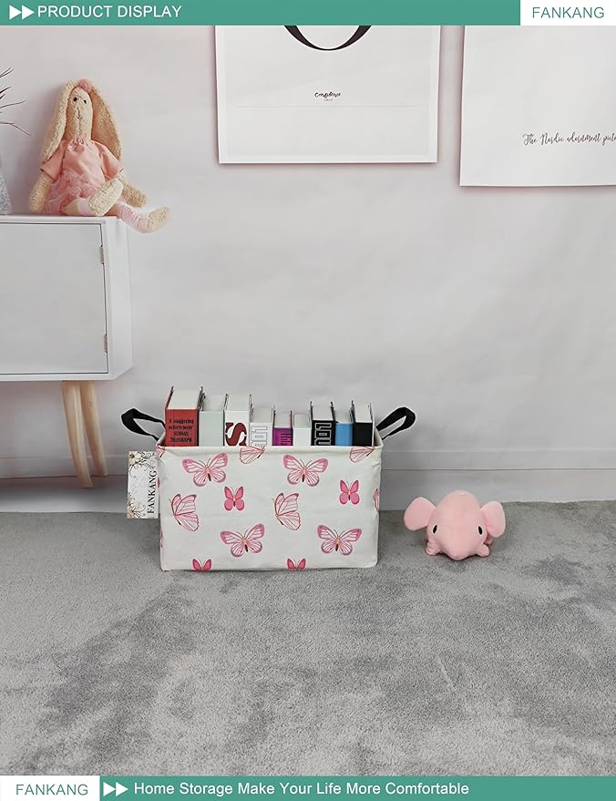 FANKANG Storage Bins, Nursery Hamper Canvas Laundry Basket Foldable with Waterproof PE Coating Large Storage Baskets for Kids Boys and Girls, Office, Bedroom, Clothes,Toys(Rec-pink butterfly