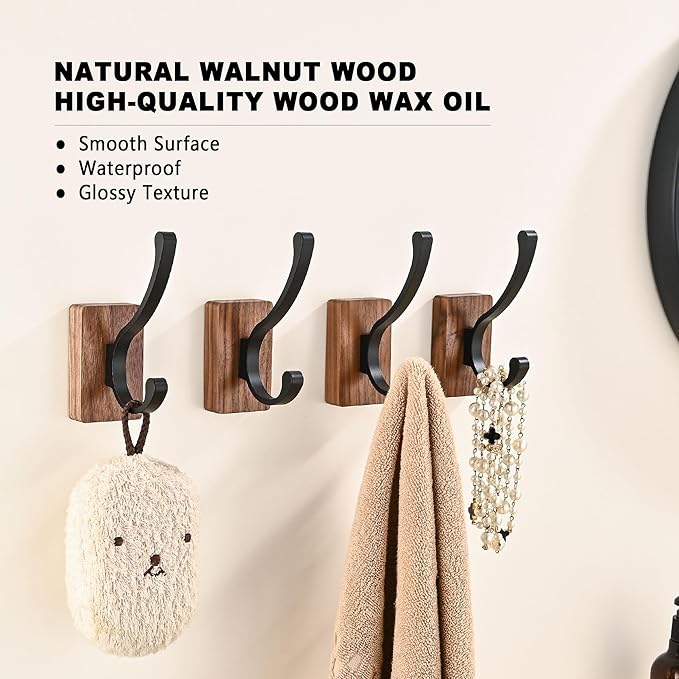 8 Pack Wooden Wall Hooks for Hanging, Adhesive Mounted & Wall Mounted Nature Wood Coat Hooks for Towel Clothes Blanket Hat Backpack Robe Nursery Door Board Entryway Key Holder