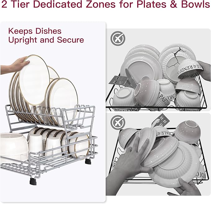 BOOSINY 2 Tier Red Large Stainless Steel Dish Drainers Drying Rack for Kitchen Counter with Drainboard, Rust Proof Metal, Space Saving, Modern Aesthetic, Compact Plates Strainers with Extra Mat