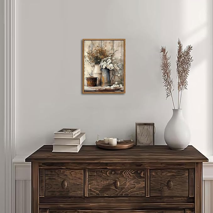 Floating Framed Farmhouse Vintage Canvas Wall Art, Country Floral Daisy Pictures Wall Decor, Wood Grain Art Paintings Poster for Living Room Bedroom Bathroom Rustic Decor 8x10 inch