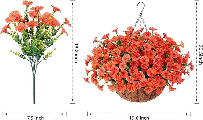 Artificial Fall Flowers Fake Hanging Plants Flowers Basket for Outdoors Autumn Decoration, Orange Silk Morning Glory with Eucalyptus Look Real UV Resistant Faux Flowers for Outside Porch Patio Balcony