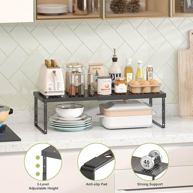 Expandable Cabinet Organizer Shelf With Adjustable Height, Stackable Kitchen Countertop Organizer Rack, Adjustable Shelf Riser For Kitchen Counter, Pantry, Cupboard, Desk, Tabletop