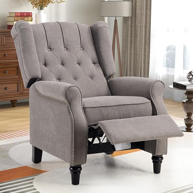 CANMOV Push Back Recliner Chair, Accent Chair,Mid Century Wingback Recliner, Fabric Push Back Recliner Chair Single Armchair Sofa with Rivet Decoration,Button-Tufted Back for Living Room, Grey