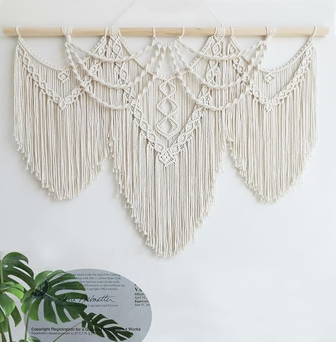 Achart Macrame Wall Hanging Large- Boho Wall Decor- large wall art- Wall Decor Living Room- Macrame Tapestry Boho Decor for Bedroom (Beige-Fringe)