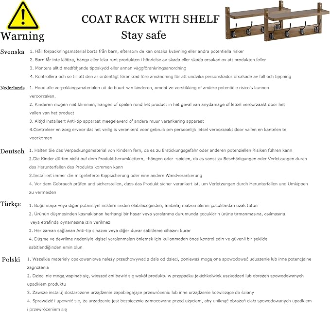 Coat Rack with Shelf, 2 Pack Bamboo Wall-Mounted Coat Hanger with 8 Hooks for Entryway, Hallway, Kitchen, Bathroom, Living Room, Utility Room (Natural)