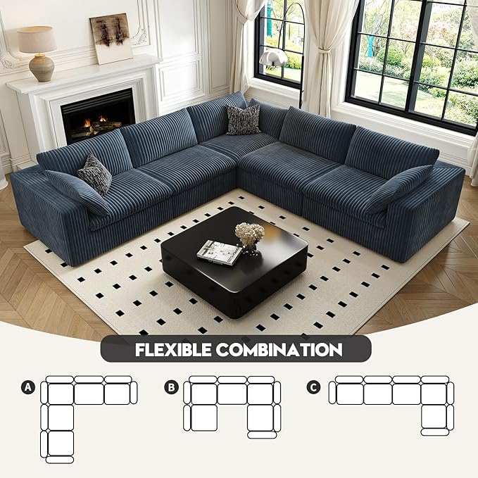 118" Cloud Couch Oversized Modular Sectional Sofa for Living Room,Modern Sofa with Deep Seat，V Shaped Boneless Couch,Comfy Upholstered Corduroy Couches for Apartment, Studio, Office,Bedroom，Blue