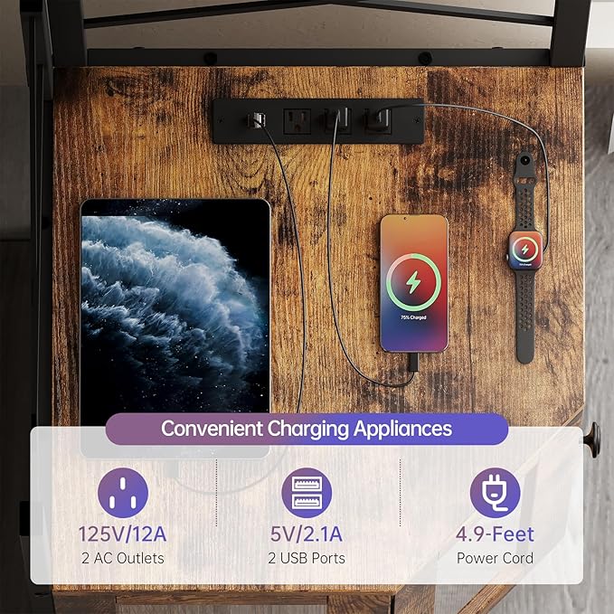 Corner Bar Cabinet with Power Outlet, 5-Tier Corner Wine Cabinet with Led Strip and Glass Holder, Industrial Tall Liquor Cabinet Bar Wine Rack for Home, Rustic Brown