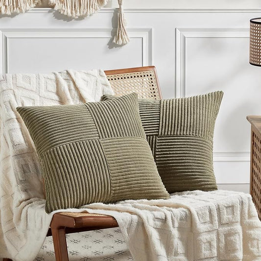 Fancy Homi 2 Packs Olive Green Big Decorative Throw Pillow Covers 24x24 Inch for Living Room Couch Bed, Rustic Farmhouse Boho Home Decor, Soft Corss Corduroy Patchwork Accent Cushion Case 60x60 cm