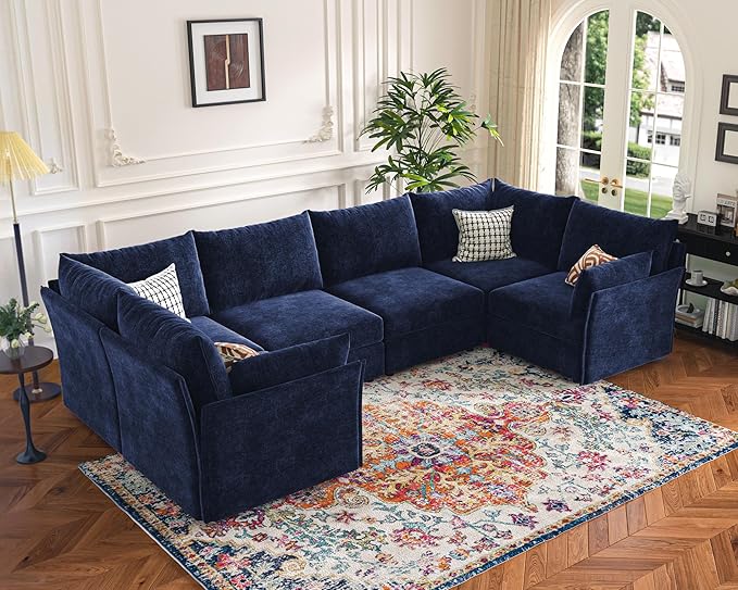 136.4" Oversized Modular Sectional Sofa, U Shaped Convertible Couch with Movable Ottoman, Large 7 Seat Corner Couches for Living Room Deep Seat Blue Chenille