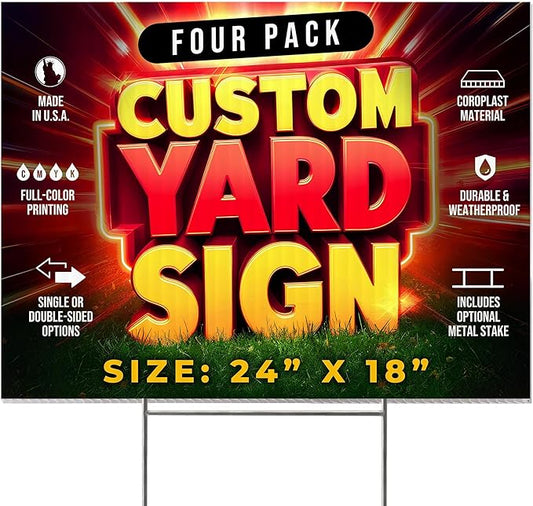 4 Pack 24"x18" Custom Yard Signs with Stakes, Personalized Yard Signs for Outdoors, Customized Full Color Print Corrugated Signs for Business