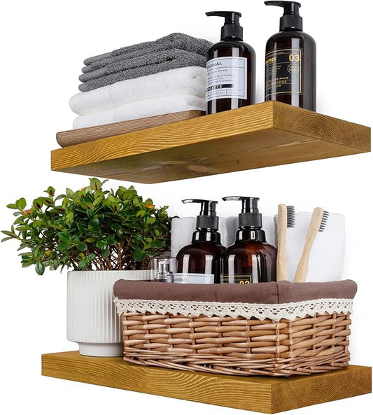 BGMG Wood Floating Shelves for Wall 16 inch Set of 2, Rustic Wooden Wall Mount Shelves for Living Room Bedroom Kitchen Farmhouse-16x6.7x1.25 inch- Gold Oak