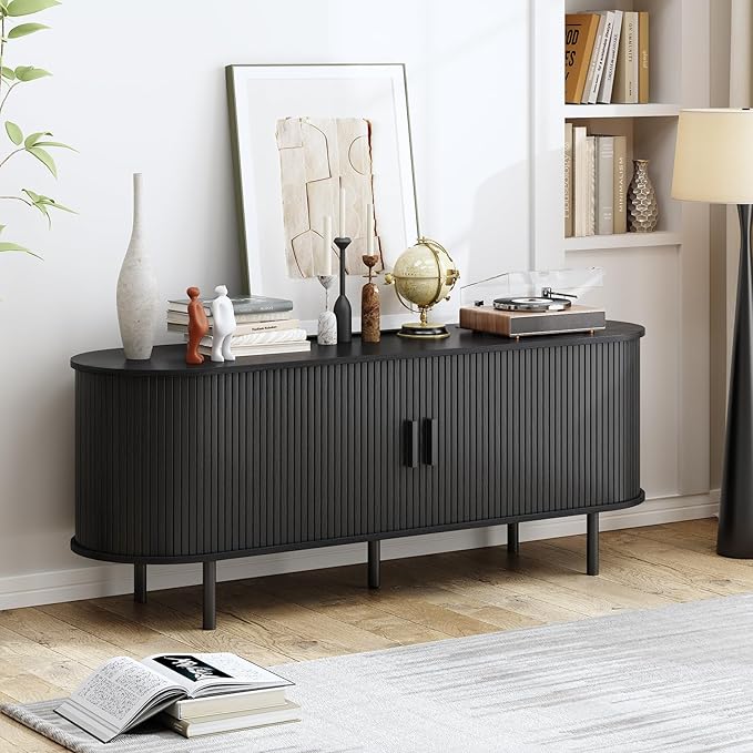 63" TV Stand with Power Outlet, Modern Media Console with Sliding Doors, Entertainment Center for TVs up to 60 Inch, Adjustable Shelves, Black