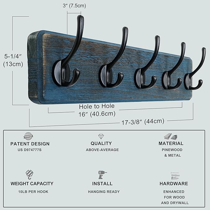Dseap Coat Rack Wall: Patented, Heavy-Duty, 5-Double-Hooks Wooden Wall Mounted Coat Rack Coat Hanger Hook Rail for Winter Coats Hat Jacket Clothing, Weathered Blue, Pack of 2