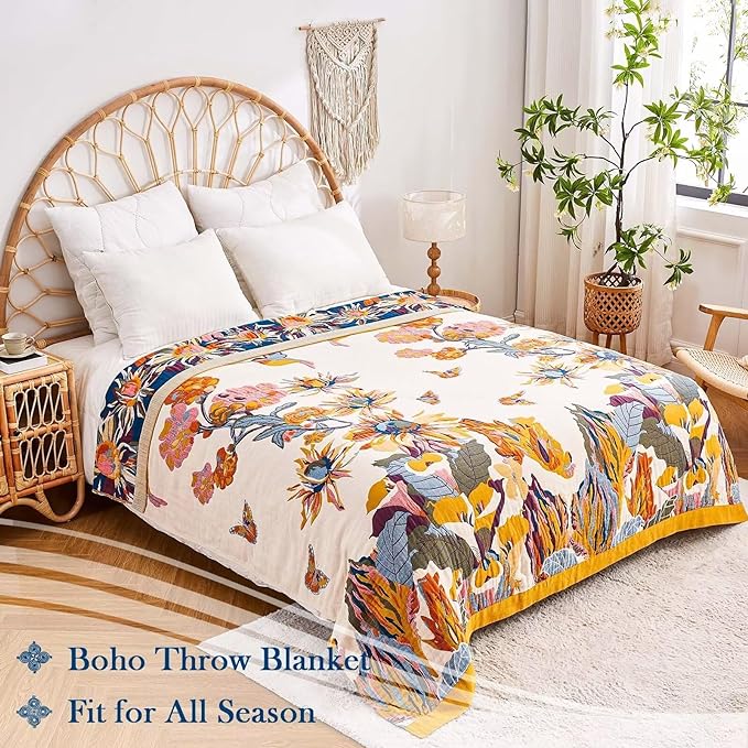 Boho Throw Blanket, 100% Cotton Ultra Soft Luxury Throw Rustic Quilt, 90"x98" Floral Bird Butterfly Farmhouse Decor Bed Blankets, All Season Rustic Reversible Bohemian Throw for Bed - Yellow