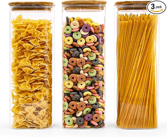 Glass Pasta Storage Jars Square 73oz, 3 Pack Glass Jars With Bamboo Lids, Tall Kitchen Storage Containers For Pasta, Storage For Pantry Organizers