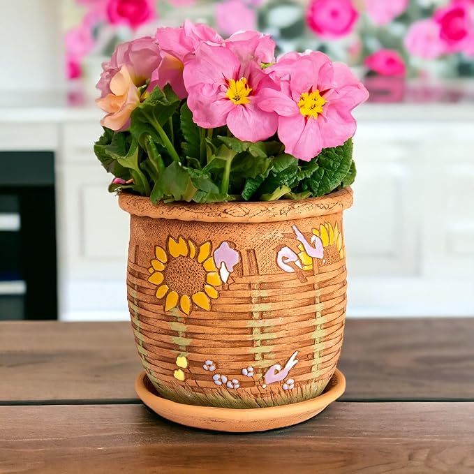 Ceramic Pot with Drainage Hole and Saucer, Plant Pots, Modern Decorative Planters for House Plants Indoor Flowers Plants, Cute Flower Pot - Gifts (Wicker (1.6 L))