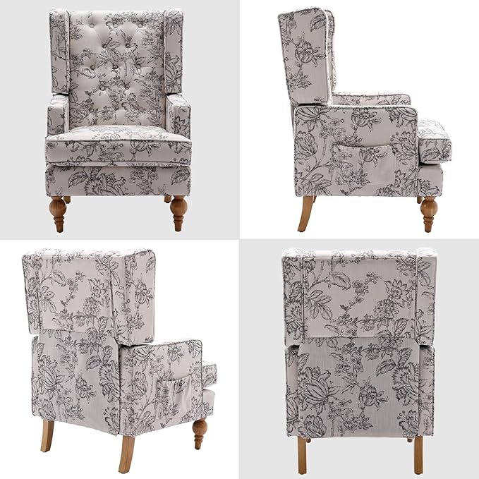 DUOMAY Tufted Accent Chair Set of 2, Modern Linen Upholstered Wingback Side Arm Chair for Living Room Bedroom with Wood Legs, Comfy Reading Guest Chair for Office, Beige Flower Pattern