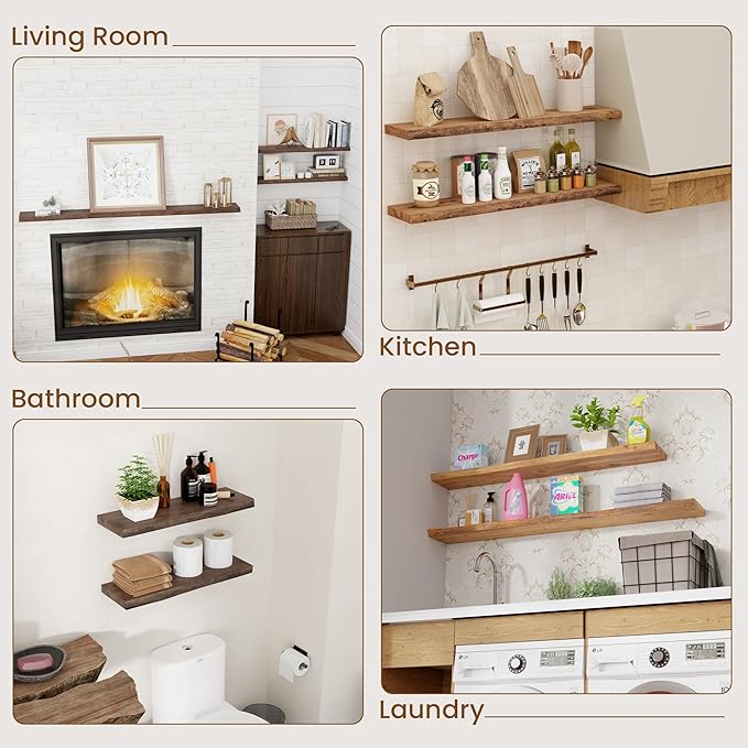 Floating Shelves for Wall Decor, Rustic Solid Elm Wood Live Edge Floating Shelves Wall Mounted, Wall Shelves with Invisible Bracket for Living Room Bathroom Bedroom Kitchen, 48 Inch, Walnut