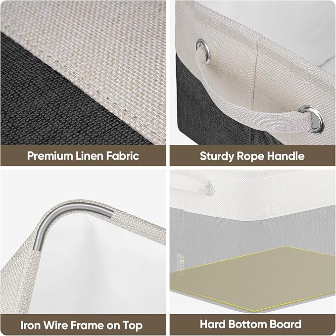 BALEINE 3 Pack Fabric Storage Bins for Shelves, Linen Storage Baskets for Organizing, Decorative Closet Bins for Clothes, Home (Black, 12"x8"x8")