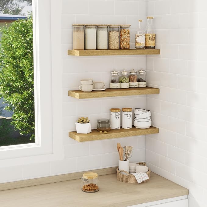Fun Memories Floating Shelves Wall Shelf 24 inches Long, Farmhouse Bathroom Shelves Bedroom Kitchen Living Room Shelf Wall Mounted, 24 x 6.7 x 1.4 inch Set of 3, Oak Color