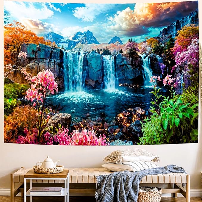 Delur Waterfall Tapestry Tropical Forest Mountain Sunset Tree Wall Hanging Tapestry Scenic Rainforest Landscape Nature Sunrise Headboard for Bedroom Living Room Home Decor (59.1" x 78.7")
