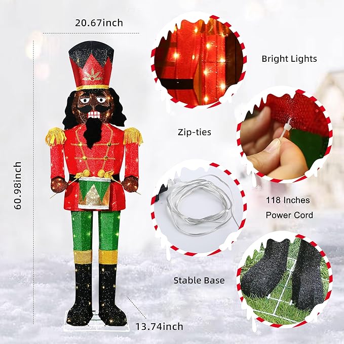 61Inch Nutcracker Christmas Decor Outdoor with LEDs 5 Feet Lighted Large Nutcracker Lighted Christmas Decorations Outdoor with Stakes & Zip Ties for Xmas Yard, Porch, Lawn