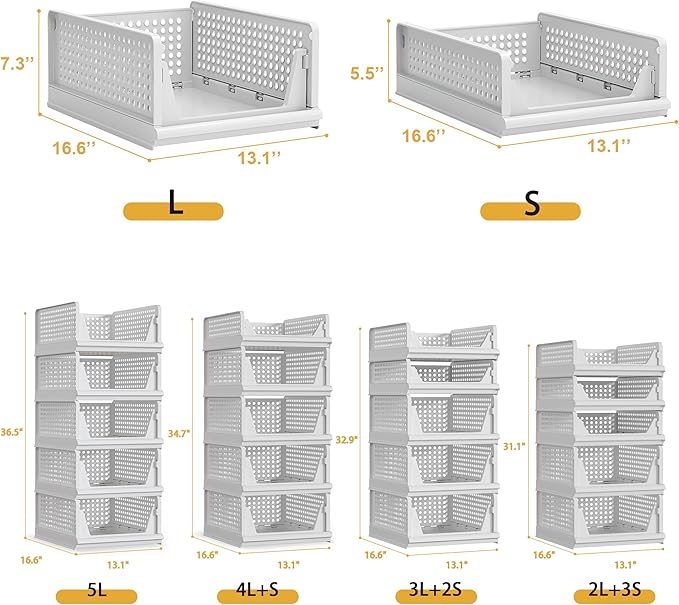 5 Pack Stackable Plastic Storage Basket Closet Organizer Bin Foldable Clothes Organizer Storage Drawer Shelf Container for Living room Bathroom Kitchen Office (2L+3S)
