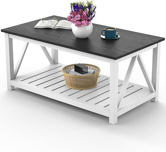40" Farmhouse Coffee Table | Vintage Rustic Wooden Coffee Table with Lower Shelf for Living Room, Dorm, Office, Bedroom Center Table - Black