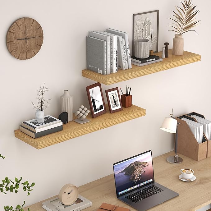 Fun Memories Rustic Wood Floating Shelves for Wall, 36 x 9 Wall Shelves Set of 2, Deep Floating Shelf for Kitchen, Living Room Storage & Display, Rustic Deep Bookshelf, Oak Color