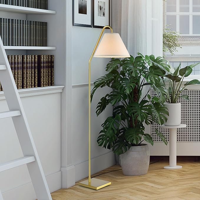 GLOBE Electric 61000147 62" Floor Lamp, Matte Brass, Beige Fabric Shade, On/Off Rotary Switch on Socket, 6-Foot Clear Cord, Reading Light, Bedroom, Living Room, Home Decor