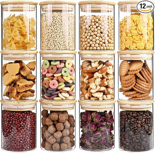 17oz Glass Food Storage Jars, Glass Jars with Bamboo Lids, Kitchen Storage Jars, Set of 12, Canisters with Airtight Lids for Spice, Coffee, Cookie, Pantry Organizers