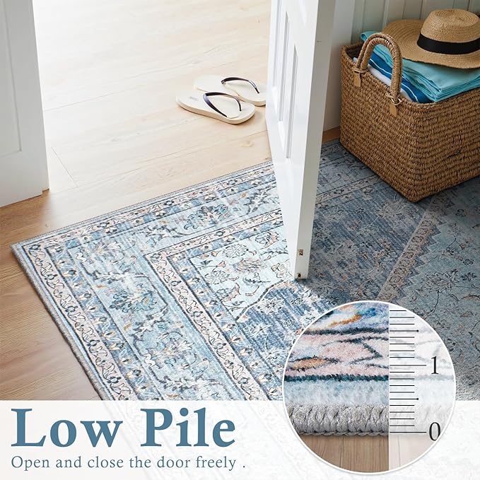 DCX Machine Washable Blue and Beige Area Rugs 5x7, Non Slip Stain Resistant Vintage Floral Rug for Living Room Bedroom Nursery, Soft Low Pile Large Carpet